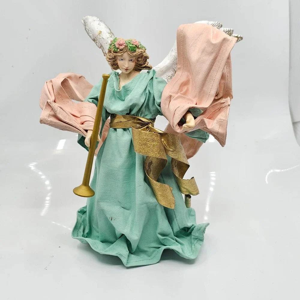 Vtg Christmas Angel Tree Topper Seafoam Green Gown Gold‎ Trumpet Pink Sash 10